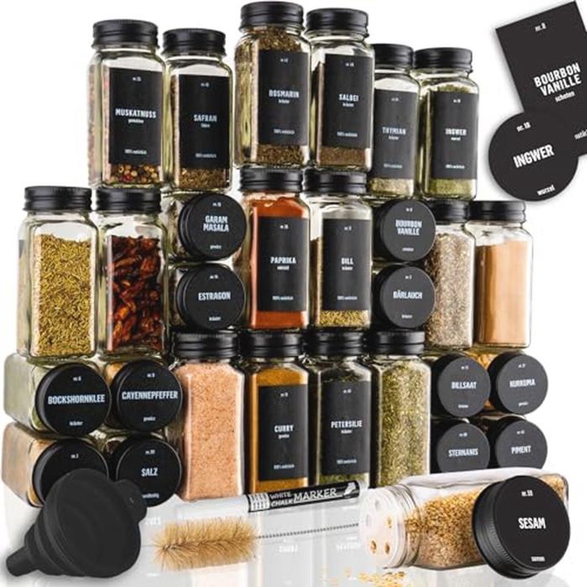 Set van 24 Kruidenpotjes met Deksel en Etiketten – 120ml, Inclusief Trechter en Borstel