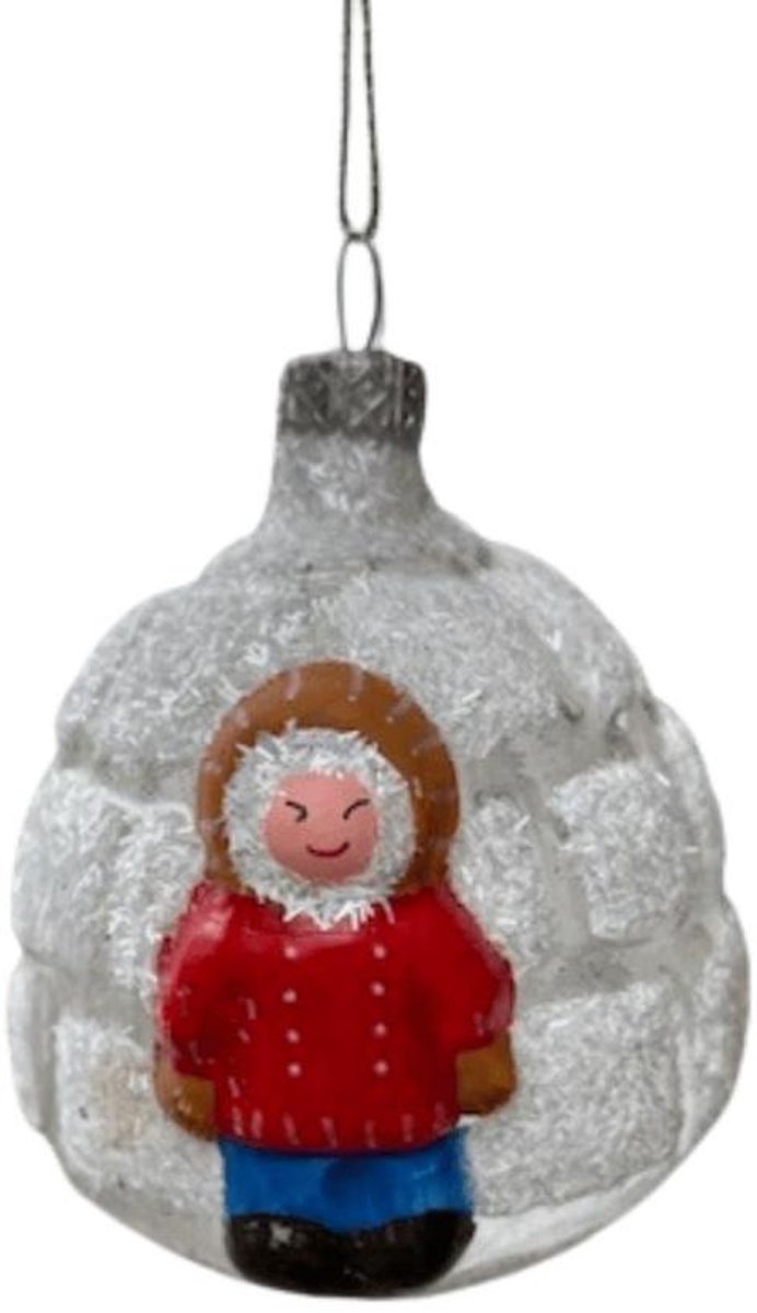 Kerstbal Iglo met Kind in Rode Jas – Handgemaakt – Glas – Mondgeblazen & Handbeschilderd – Ornament uit Polen