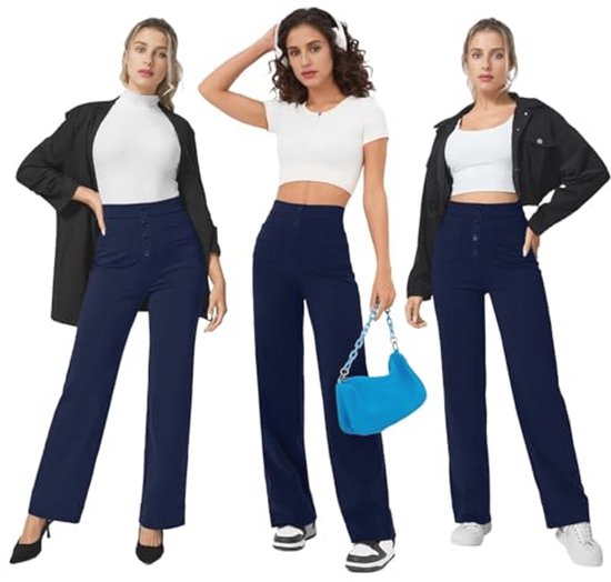 Hoge Taille Sportbroek Dames - Brede Rechte Broek met Knoop en Zakken — afbeelding 2