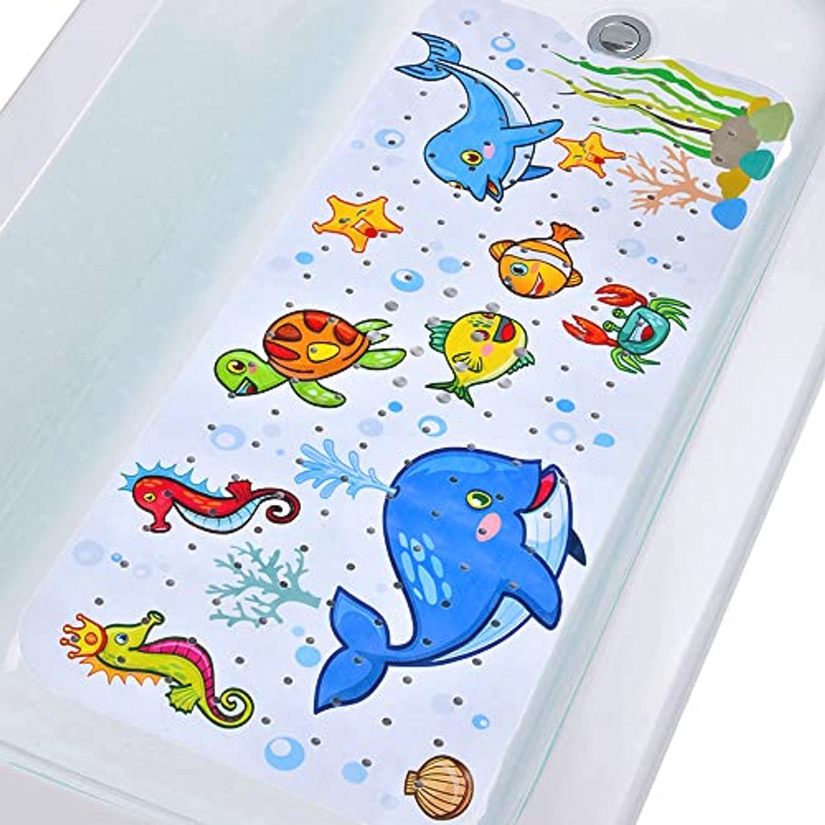 Antislip Badmat voor Kinderen - Extra Lange Badkamer Douchematt met Zuignappen en Afvoergaten 100 x 40 cm - Dolfijn