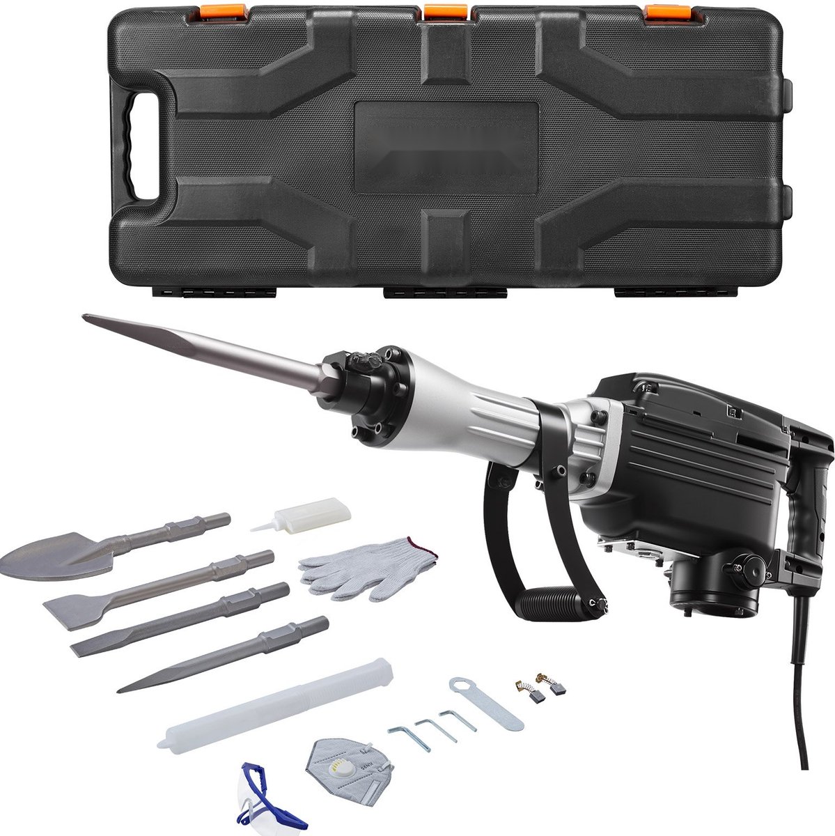 Sloophamer - Elektrische breekhamer/betonhamer - 2800 W - 1200 Slagen/min - Incl. 3 beitels & kleispade - Incl. handschoenen & veiligheidsbril - Voor beton, steen, tegels - Zwart
