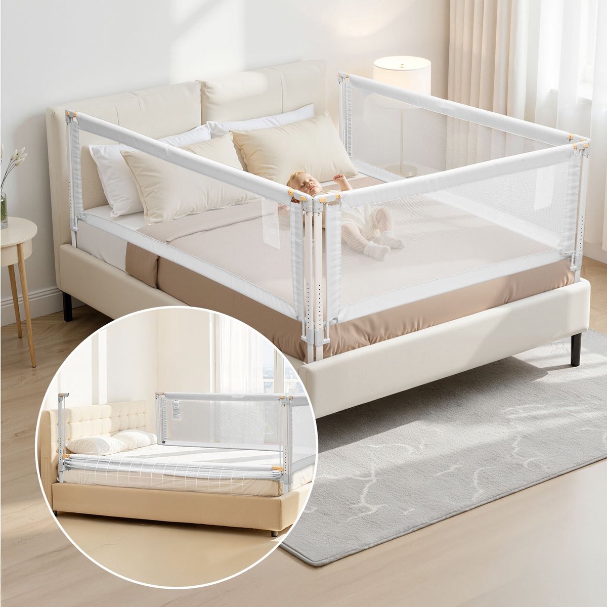Bedhek voor kinderen - 3-delig veiligheidsrek - Verstelbaar 68-89 cm - Versterkte ijzeren buizen - Oxford-stof - Voor kingsize bedden - 200 x 190 x 200 cm