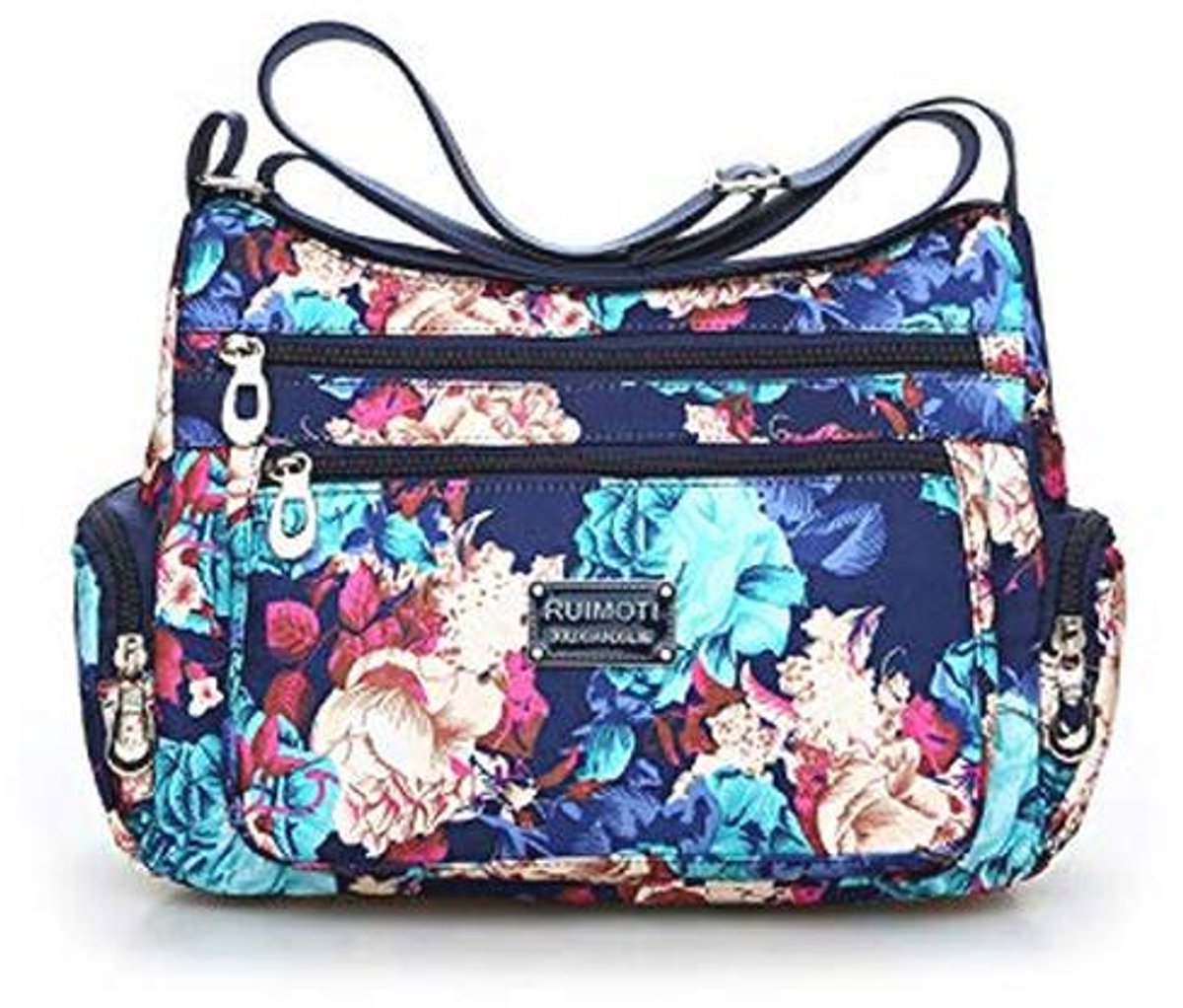 Dames Crossbody Tas - Nylon Schoudertas met Bloemen en Multi-Pockets
