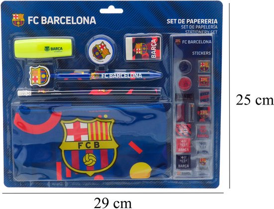 FC Barcelona schrijfwarenset met blauwe etui, potlood, pen, gum, puntenslijper, markeerstift en stickers.