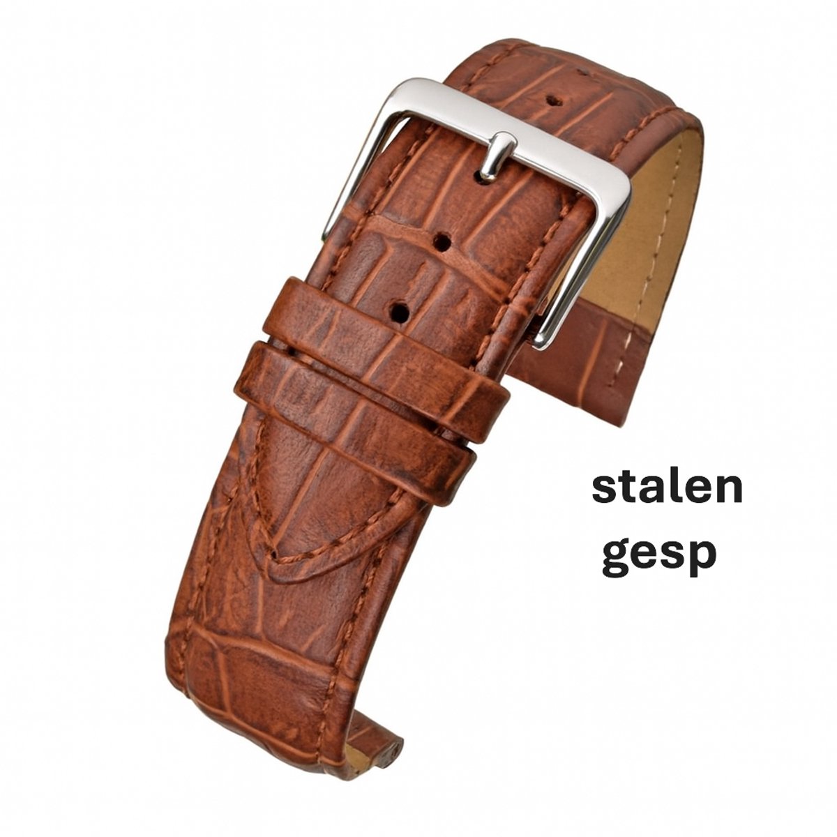 Horlogeband-14mm-echt leer-lbs-bruin-gevuld-croco-zacht-stalen gesp-14 mm