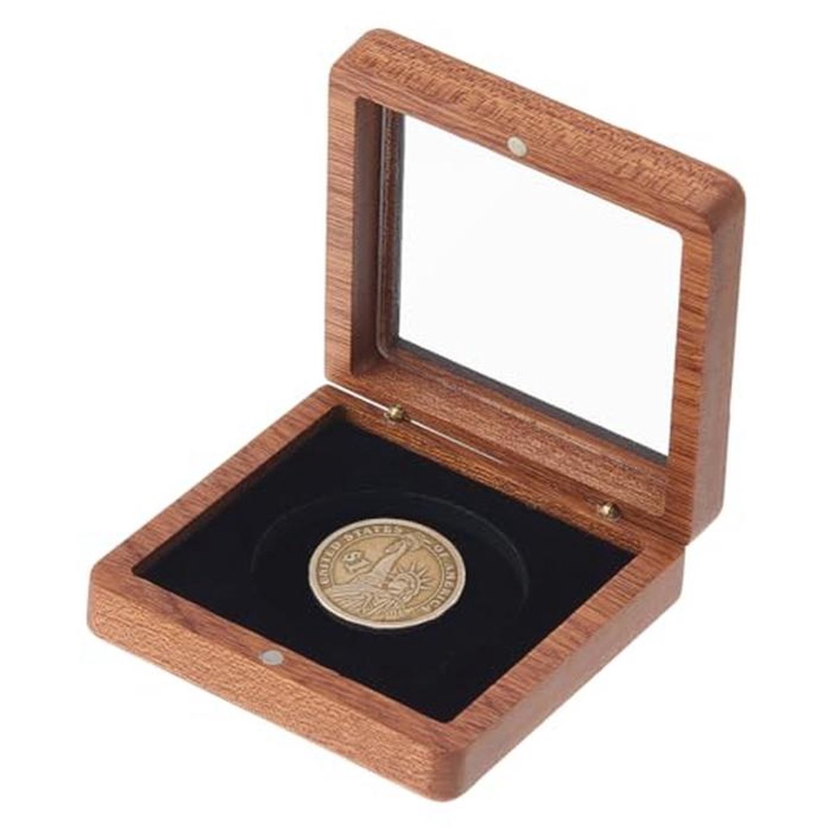 Enkele Munt Opslag Case Hout met Zwart Fluwelen Slot en Clear Top Venster voor Collectie