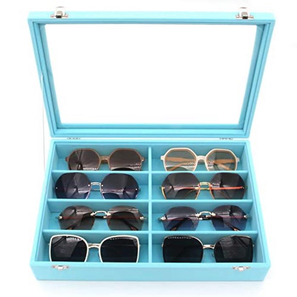 Fluwelen zonnebril organiser met opbergdoos en glazen vitrine