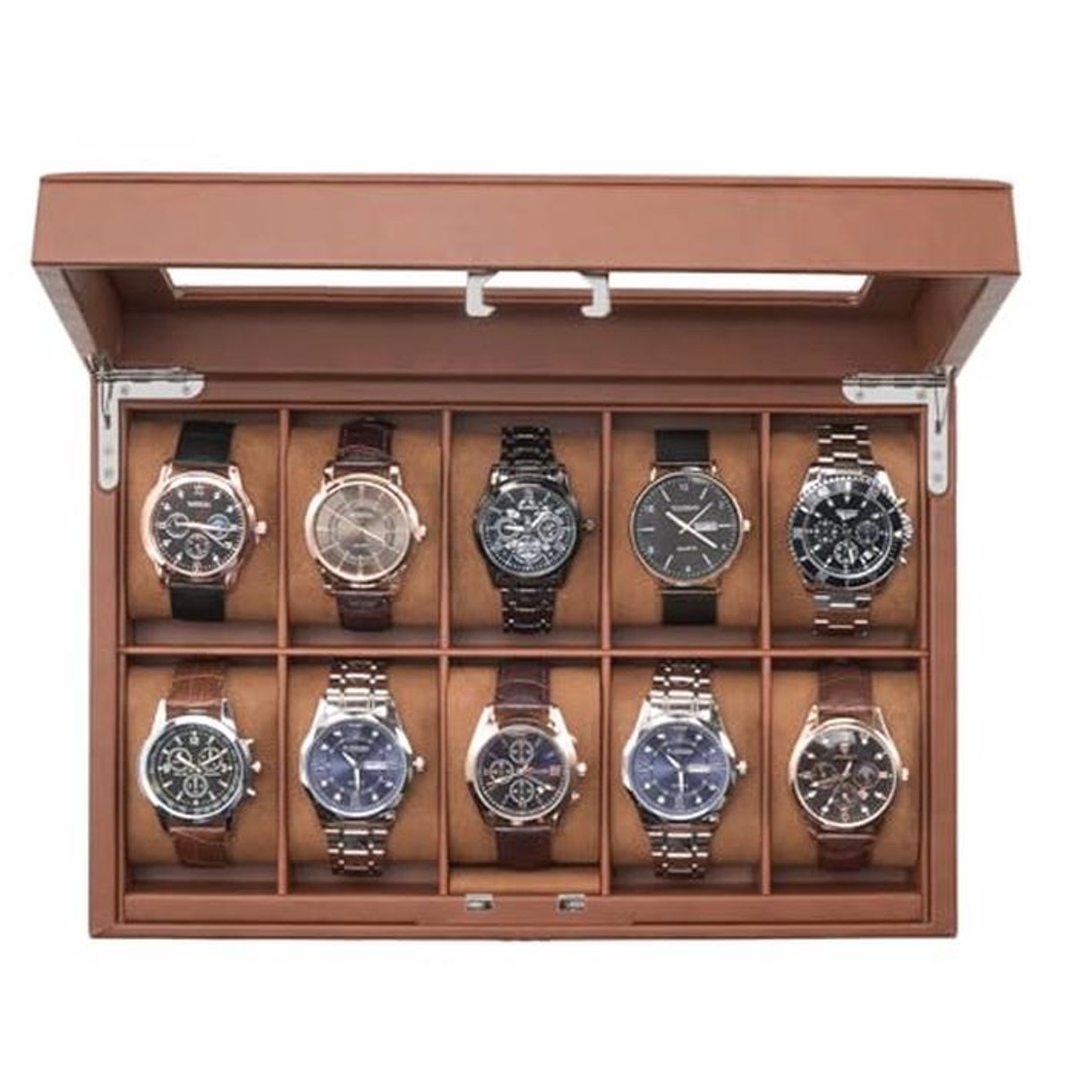 Houten Horloge Doos met 10 Vakken en Combinatieslot - Glazen Deksel