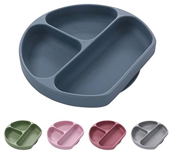 Rilli roestvrijstalen zuignap bord diep, vanaf 6 maanden, antislip babyservies, baby zuignap servies (grijs
