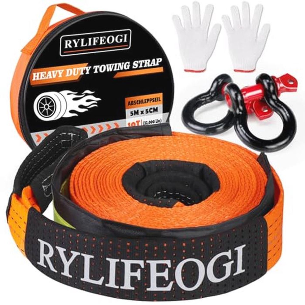 Sleepkabel 10 ton (22,000 lbs) 5 m x 5 cm Met 2 Versterkte Haken en Handschoenen voor Off-Road Noodgeval
