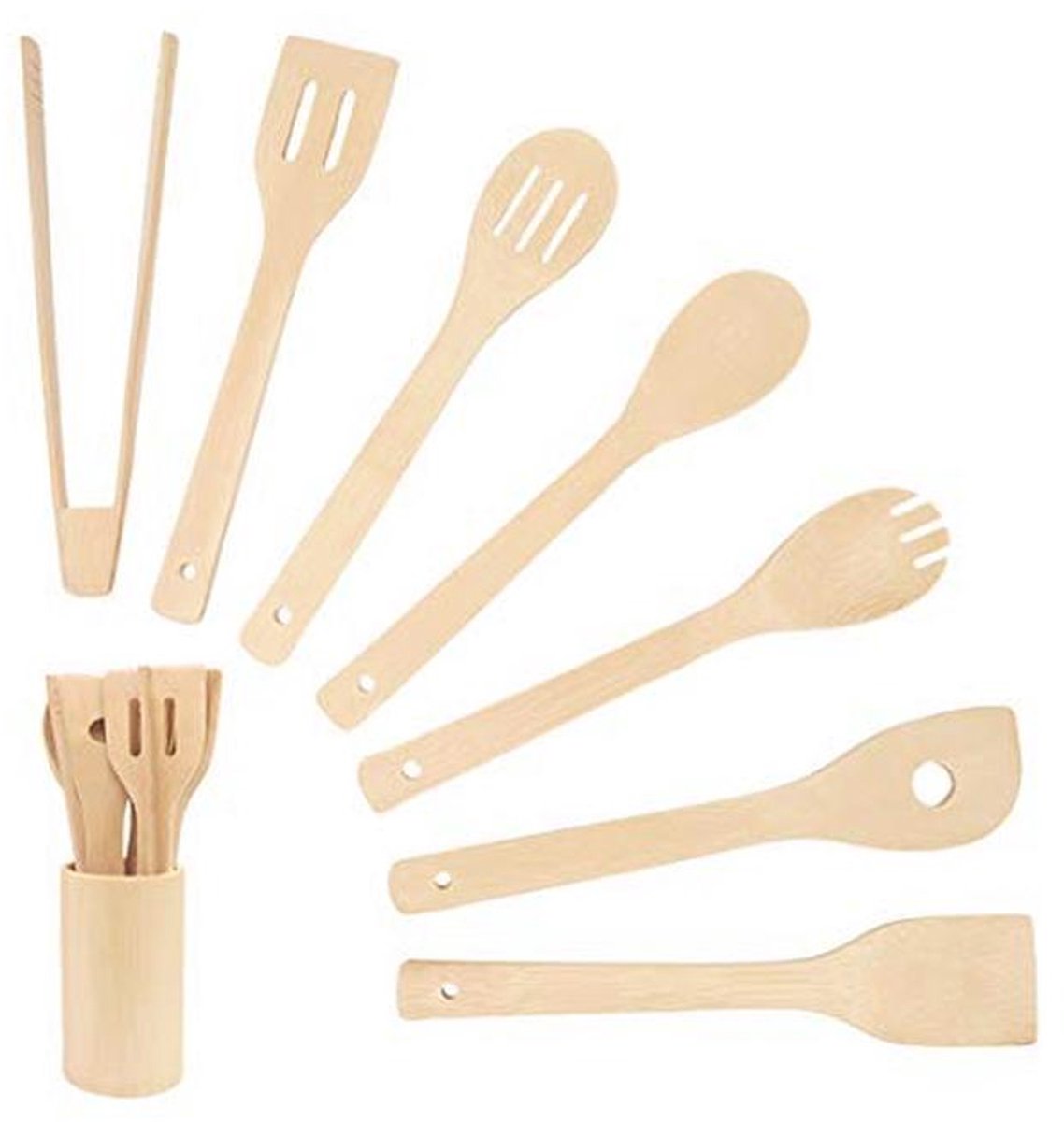 Bamboe Keuken Kookgerei Set van 8 Stuks - Anti-Stick Kookgerei met Houder