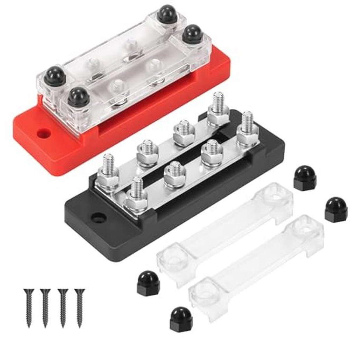 Verzamelrails 12V-48V DC - Stroomverdelingsblok 150A - 2-Weg met Aansluitbouten voor Auto, Camper en Boot