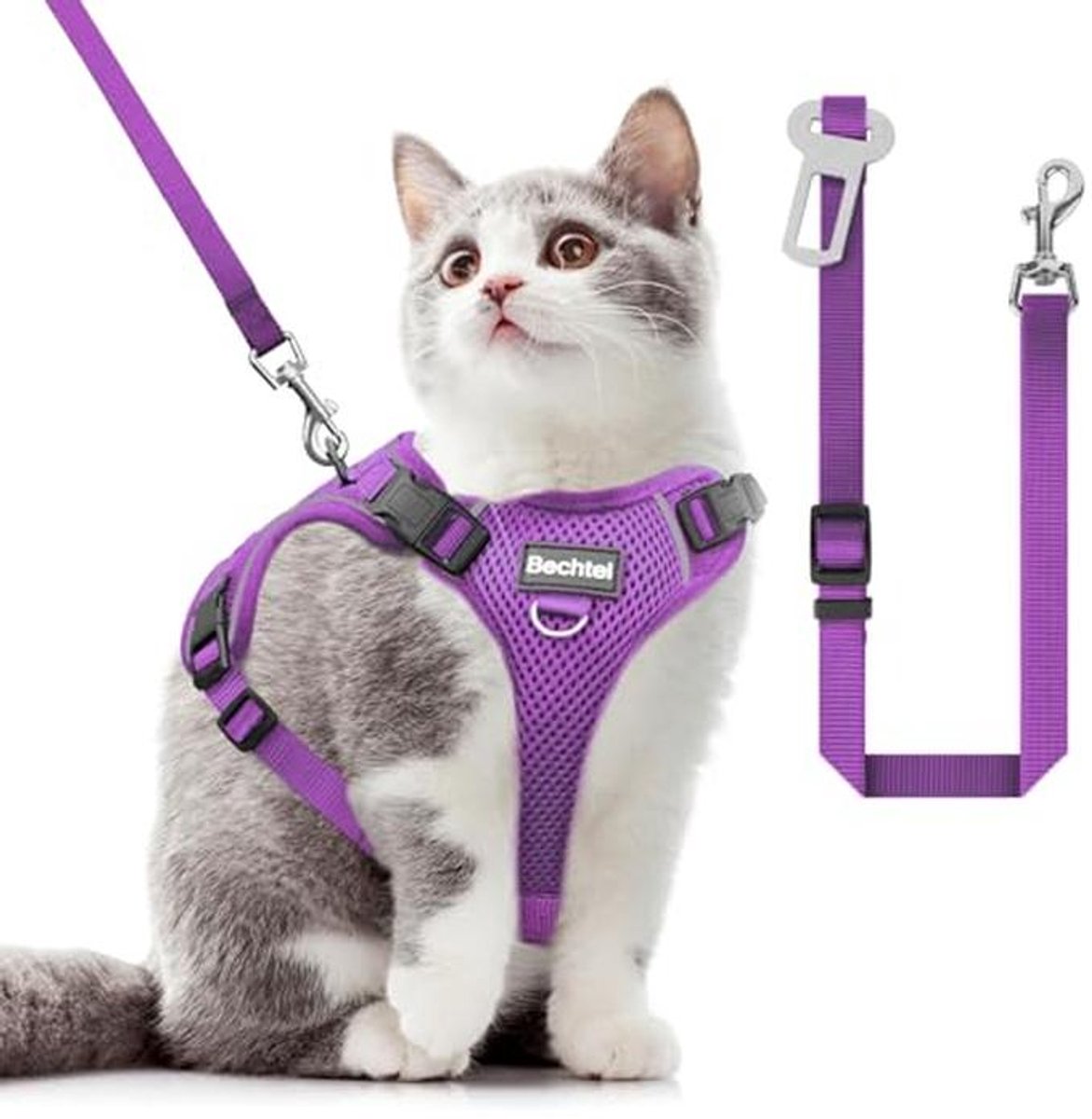 Verstelbaar en ademend kattenharnas met riem - Reflecterende strepen, anti-ontsnapping, voor veilige wandelingen, paars, XS