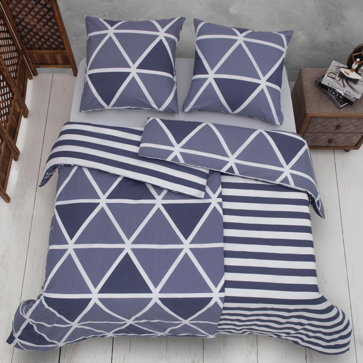 Ibenzoa Gestreept 4-delig beddengoed set in blauw met ritssluiting en kussenslopen
