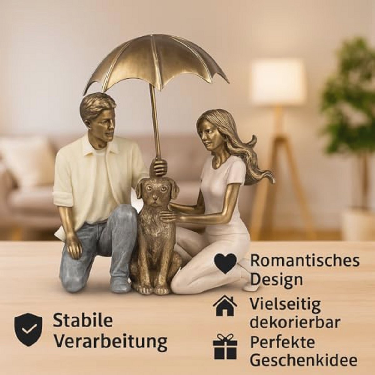 Decoratieve Sculptuur van Paar met Hond en Parasols in Polyhars