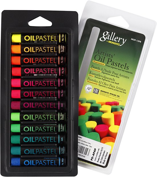 Verpakking met 12 Mungyo Gallery fluorescent oliepastels en papieren inlegvel.