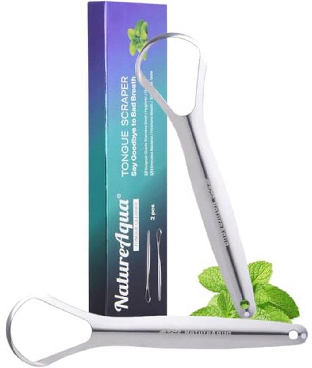 Tongreiniger roestvrij staal (2 stuks), 100% beste antimicrobieel materiaal, stabiele handgrepen, tongreiniger, tongschraper tegen slechte adem (enkele laag)