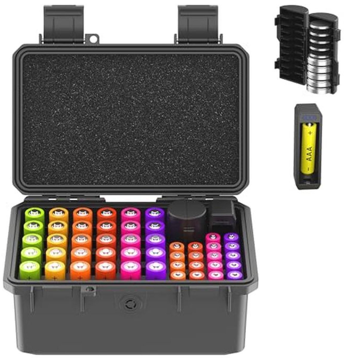 Batterijorganisatiehouder voor AA en AAA met Tester - Waterdichte Hardshell Organizer