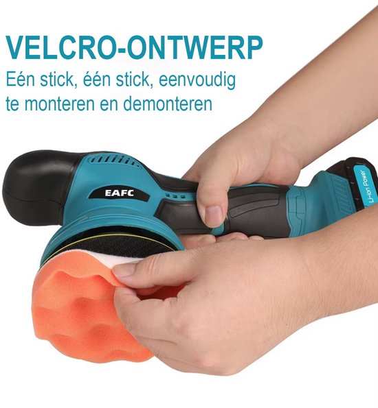 Handen monteren een oranje polijstschijf op een turquoise en zwarte EAFC polijstmachine. Klittenbandontwerp.