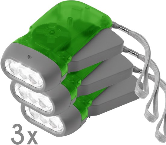 Knijpkat 25 lumen 3 stuks - 3 LED's - Hand aangedreven - Dynamo Zaklamp - Noodpakket - zonder elektriciteit - Groen