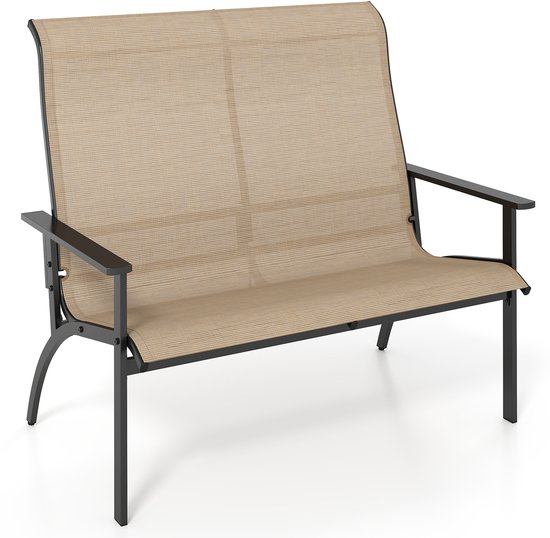 Banc de jardin COSTWAY, banc de balcon résistant aux intempéries avec dossier haut et accoudoirs, banc 2 places, capacité de charge jusqu'à 400 kg, banc de terrasse pour jardin, balcon et terrasse, 120 x 81 x 106 cm