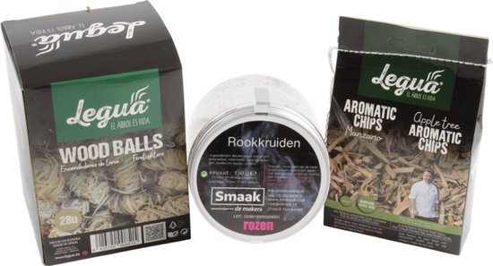 Verpakkingen Legua: Wood balls, rookkruiden en aromatic chips van appelboomhout.