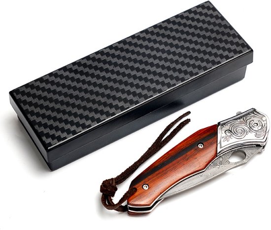 Couteau de poche Damas avec housse en cuir - Acier Damas - Survie - Couteau Plein air - Couteau de poche - Couteaux de poche - Couteaux de poche - Manche en bois - Robuste - Couteau de camping - Couteau de chasse - Camping - 18cm - Astuce cadeau