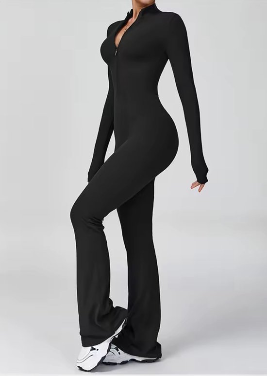 Volt Zip Flare Jumpsuit - Maat S - Zwart - Ribbed Stretch Jumpsuit met Ritssluiting – Comfortabele Flare Fit - Black - Seamless - Dames — afbeelding 2
