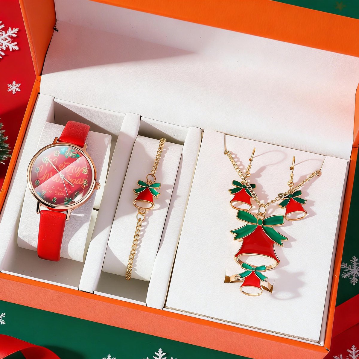 OYLCDI Kerstman 6 stuks kersthalsketting set oorbellen armband ring halsketting kwartshorloge - Kerstsieraden cadeauset voor vrouwen en meisjes - Sieradenset voor dames met geschenkverpakking - Kerstcadeaus - Nieuwjaarscadeaus - Feestcadeaus