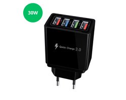 Bazzzy® Fast Charger - Snellader - 4 in 1 Snel Lader - USB Stekker Zwart - Oplader voor Iphone / Samsung - Universele Adapter Met 4 USB Poorten - Telefoonstekker - Oplaadstekker
