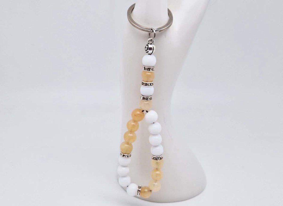 Handgemaakte Tasbih sleutelhanger van natuursteen "Witte Agaat-Calciet Geel" en metaal - diameter kralen 8mm - Aantal stenen 20 - Een mooi cadeau-idee en een bijzonder aandenken