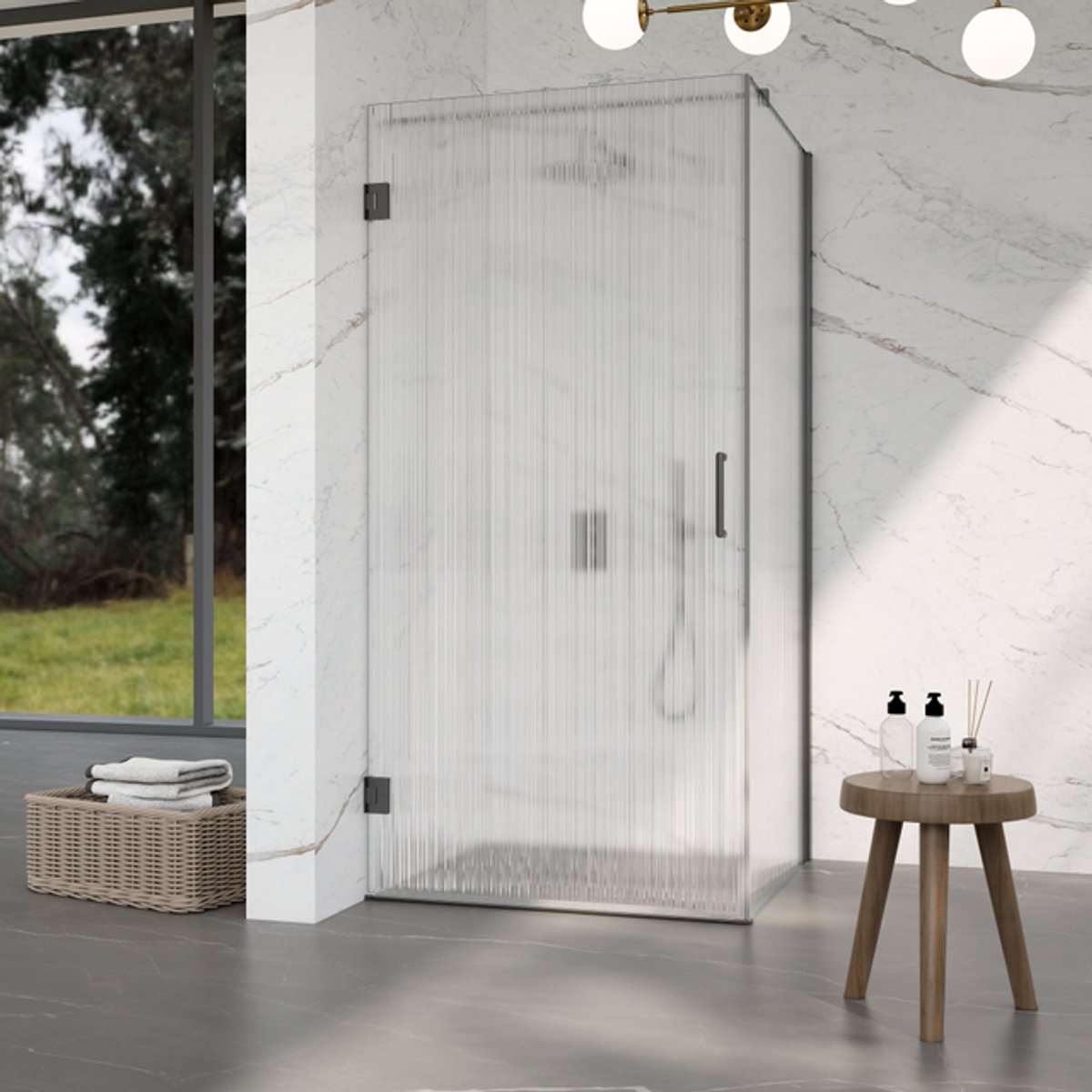 FugaFlow Eccelente Vetro Douchecabine - 100x140x200cm - scharnieren - deurgreep - stabilisatiestang - helder geribbeld - veiligheidsglas - Geborsteld Gunmetal PVD (Antraciet)