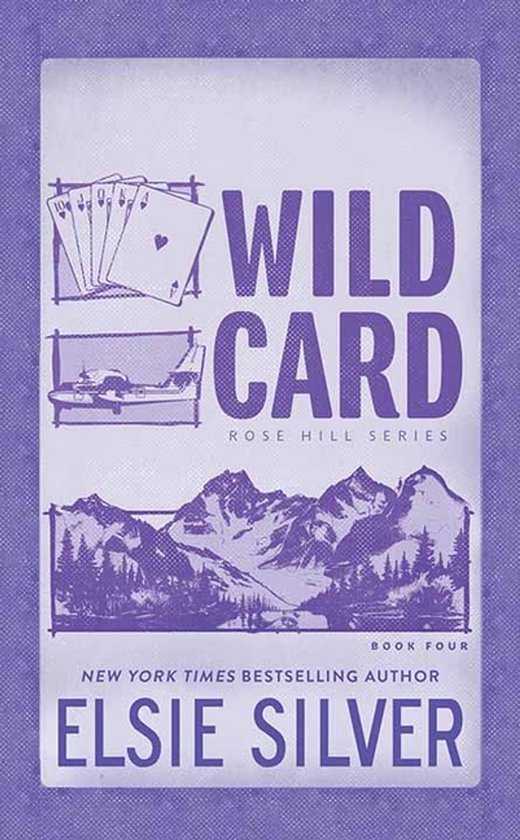 Boekomslag van "Wild Card" met een paarse achtergrond. Afbeeldingen van speelkaarten, een vliegtuig en bergen.