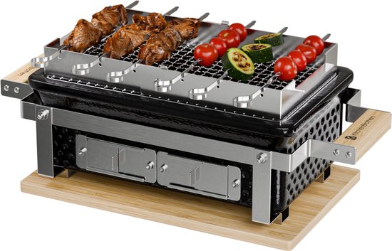 KitchenBrothers Kamado Hibachi Grill - Met Grillrek en Stokjes - Houtskool Barbecue - PFAS-vrij - Shichirin Tafelgrill - Rechthoekige BBQ - Keramische Barbecue - Vaderdag Cadeau - Zwart