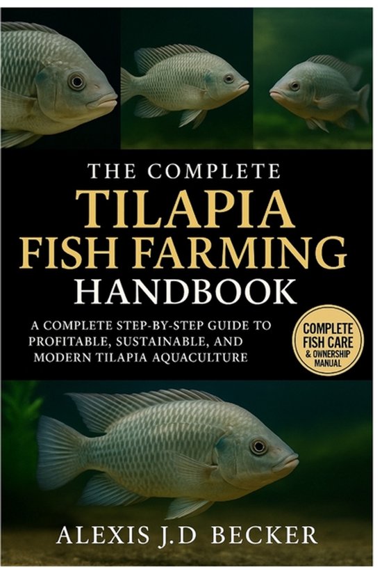 Boekomslag van "The Complete Tilapia Fish Farming Handbook" met afbeeldingen van tilapiaforellen en tekst.