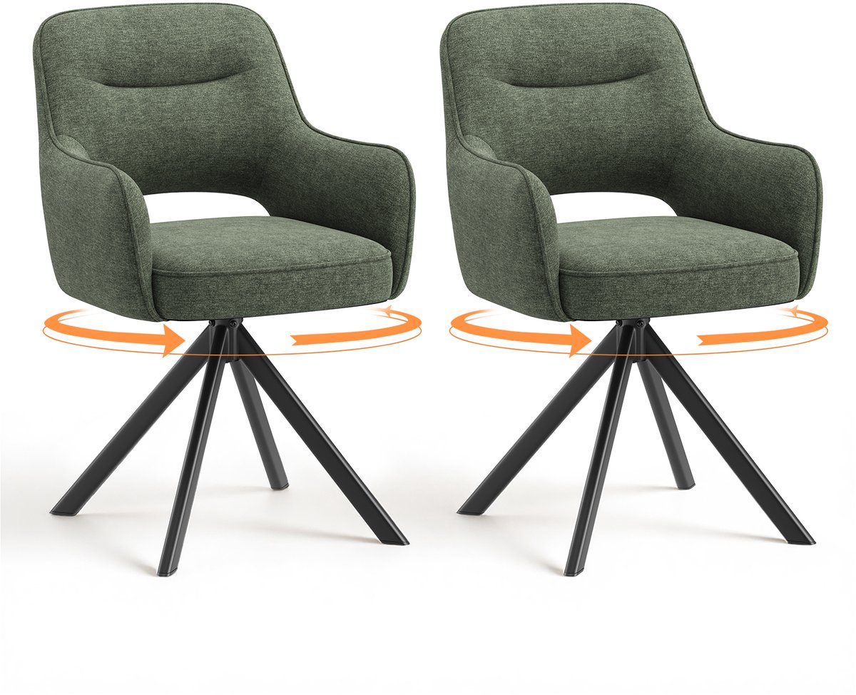 COLAMY 360° draaibare eetkamerstoelen - set van 2 - stoffen stoelen voor de eetkamer met armleuningen - holle rugleuning en dik zitkussen - keukenstoel met antislipzolen - fauteuils voor de woonkamer - groen