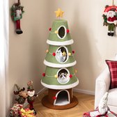 COSTWAY Krabpaal Kerstmis 154 cm - kattenboom - met 4 kattenholtes - kerstboom kattenkrabpaal - groen + bruin