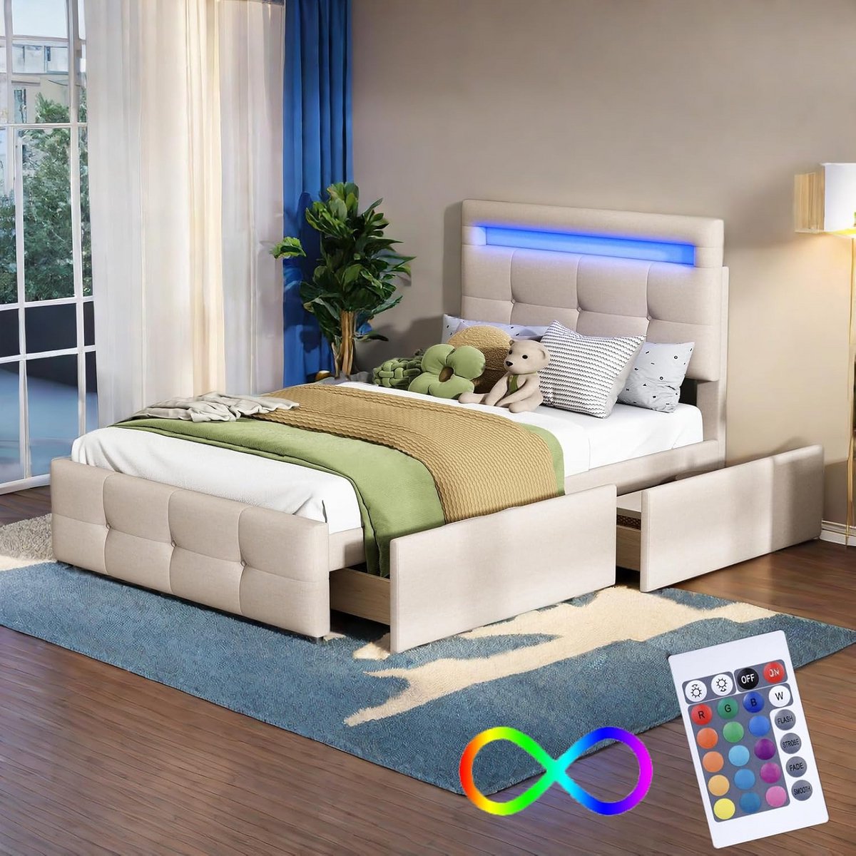 Eenpersoons Gestoffeerd Bed 90x200 met Opbergruimte en LED Verlichting