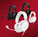 Drie gaming headsets: zwart, rood en wit met roze details.