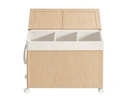Drie-vaks grote wasmand, opbergmand, vuilewasmand 66,5×37,5×65 cm naturel, rotan-design, met deksel en afneembare binnenzak, wielen met rem, 140L grote capaciteit, voor huishoudelijk gebruik