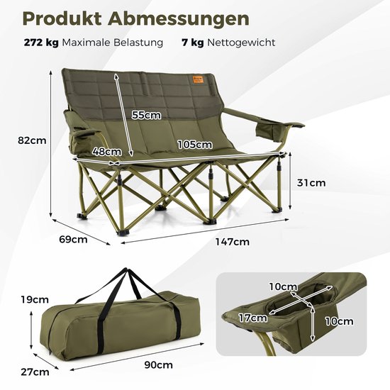 COSTWAY Campingstoel voor 2 personen, klapstoel met verstelbare armleuningen, bekerhouders en draagtas, 272 kg draagvermogen, campingbank, inklapbaar, vouwbank, visstoel voor camping, picknick, groen van Costway — afbeelding 3