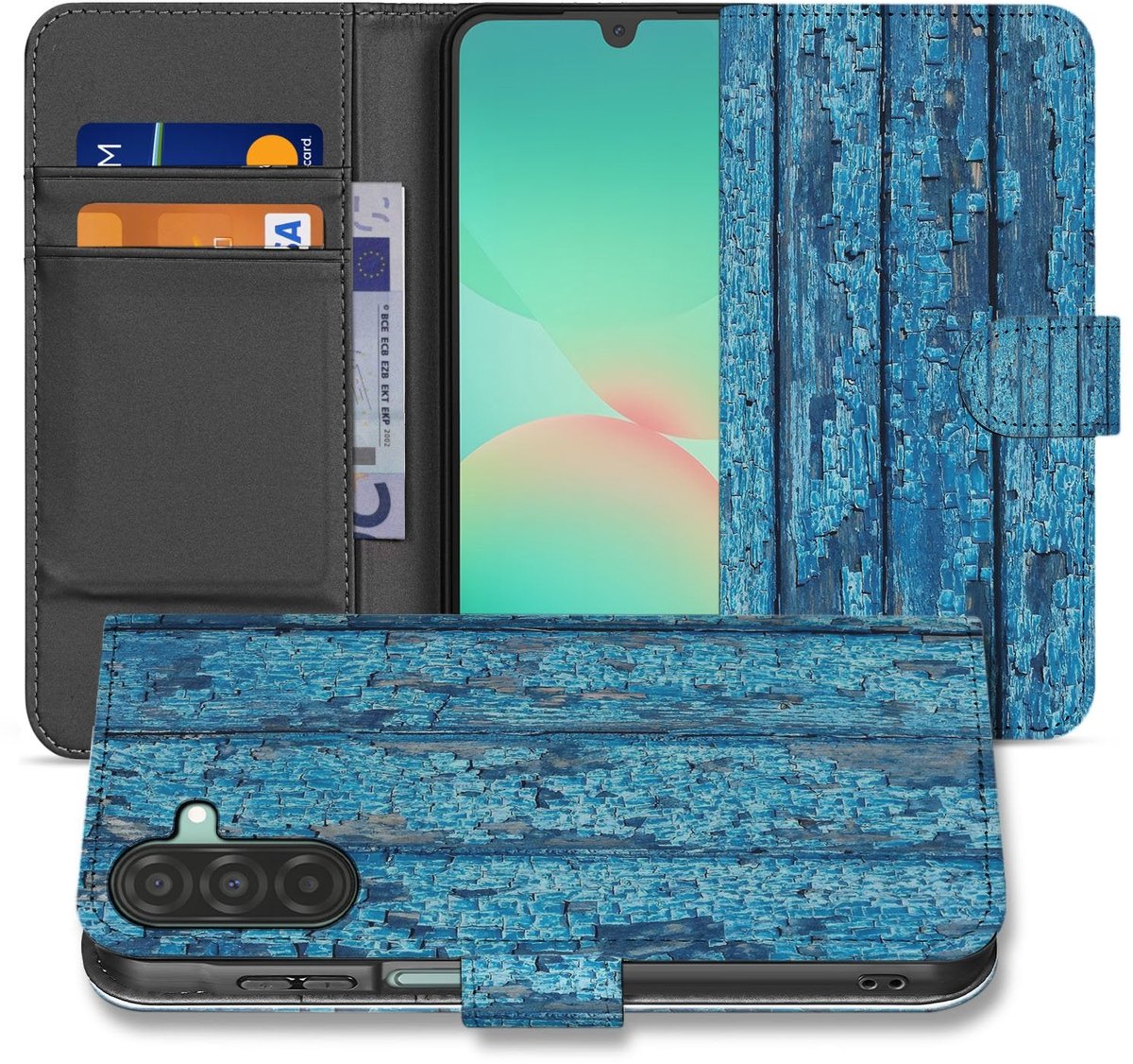Book Case voor Samsung Galaxy A17 Book Case Afgebladderd Blauw Hout Met Pasjes