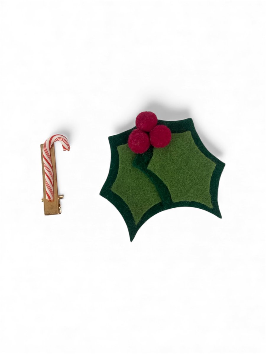 Kerst Haarspeldjes Set – 2 Alligator Clips – Candy Cane & Hulst – Kerstaccessoires voor Kinderen – Handgemaakt – Feestelijke Haarclip Set