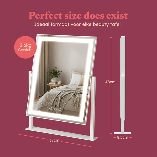 Witte Hollywood spiegel met LED verlichting, 37cm breed, 48cm hoog, 2.6kg.