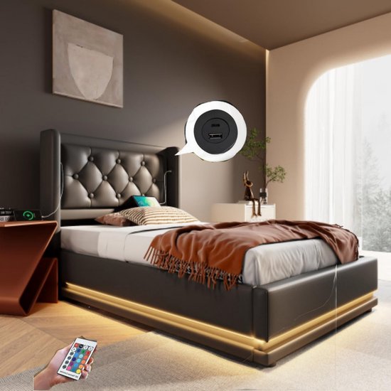 Gestoffeerd Opbergbed 90x200 Cm, In Grijs Hollands Fluweel, Met LED En USB, MDF En Stalen Frame Zonder Matras