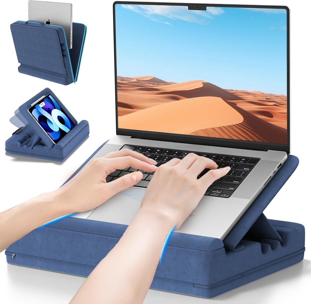 Famanu - Verstelbaar laptopkussen – blauw – standaard met kussenbasis
