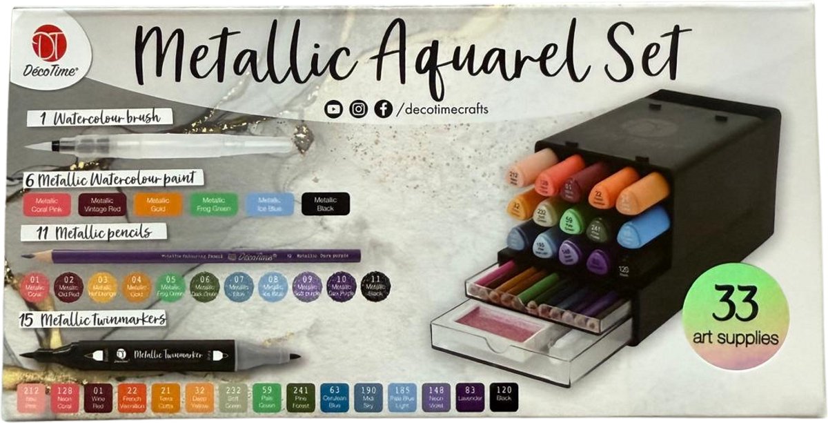 Metallic Aquarel Verf Set 33-delig met Penselen en Palet voor Tekenen Handlettering en Schilderen