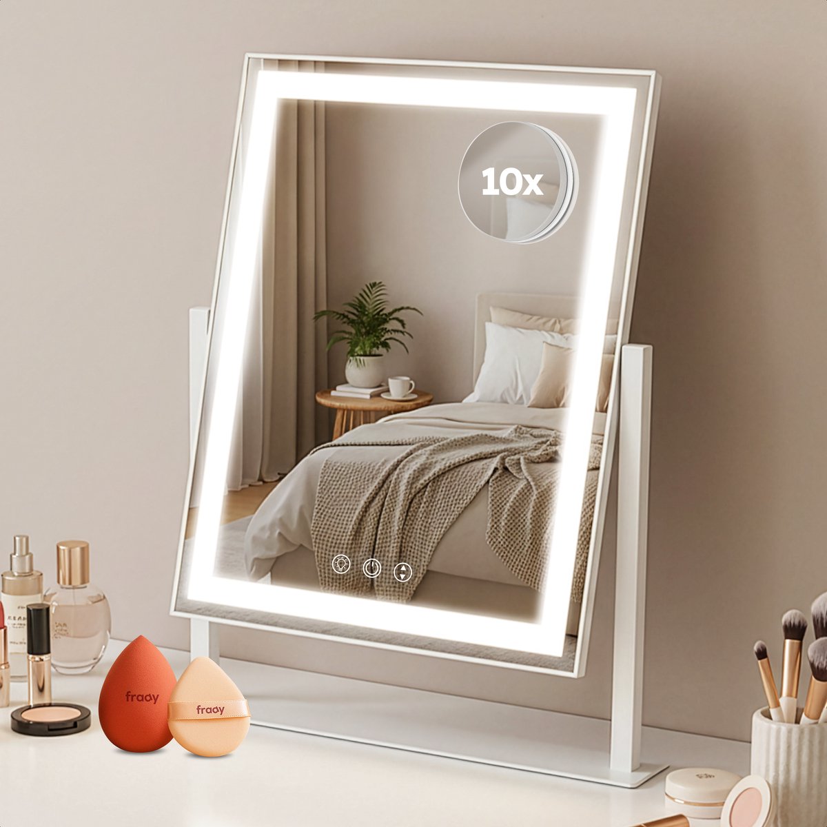 Fraay Hollywood Spiegel 41x30CM - met Beauty Blenders - LED Strip - 10x Vergroting - 3 Lichtstanden - Dimbaar - Smart Touch - Hollywood Spiegel met Verlichting - Spiegel met Verlichting - Make Up Spiegel - Visagie Spiegel - Vanity Mirror