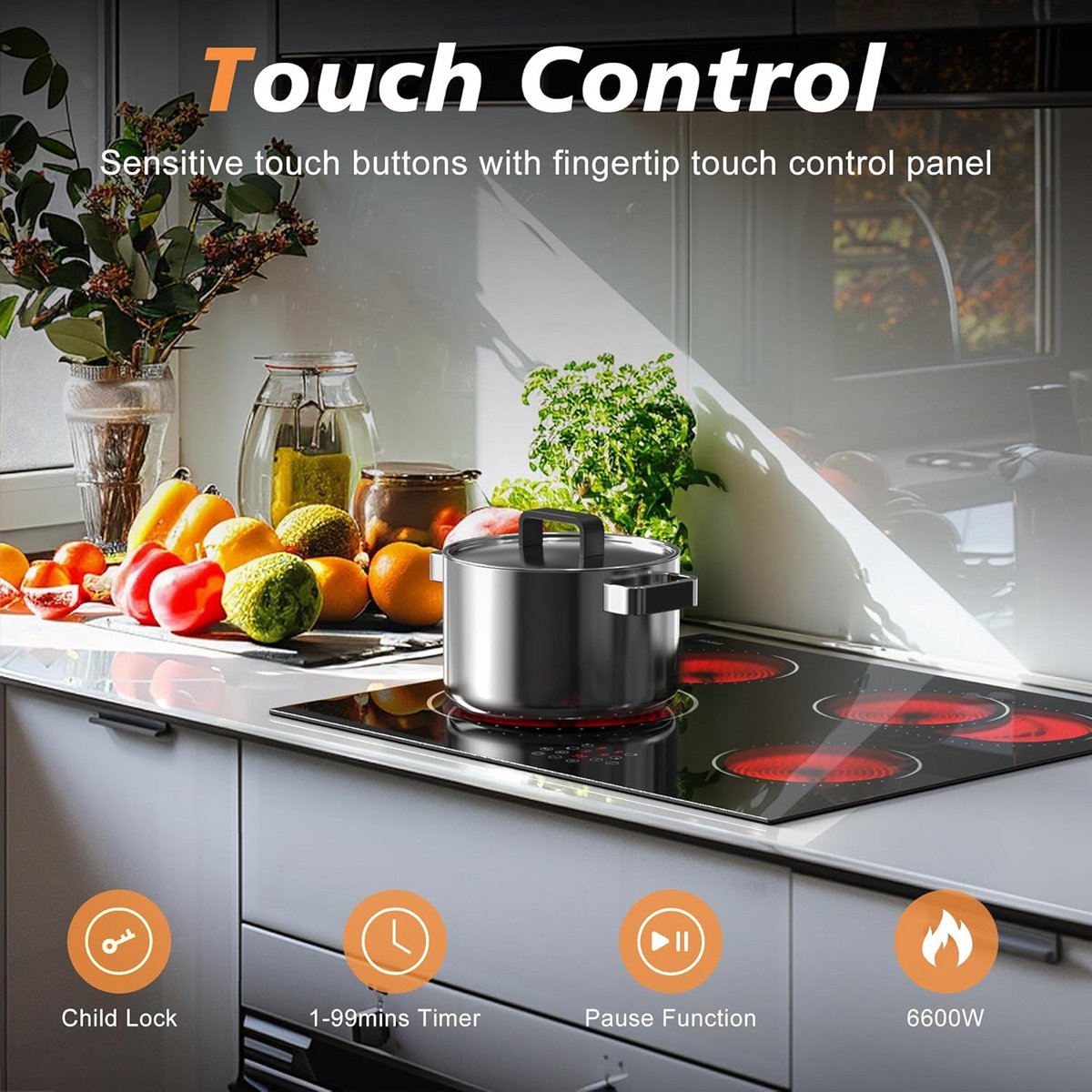 Keramische Kookplaat 60 cm - 4 Zones - Sensor Touch Controle - 9 Warmtestanden - Inbouw
