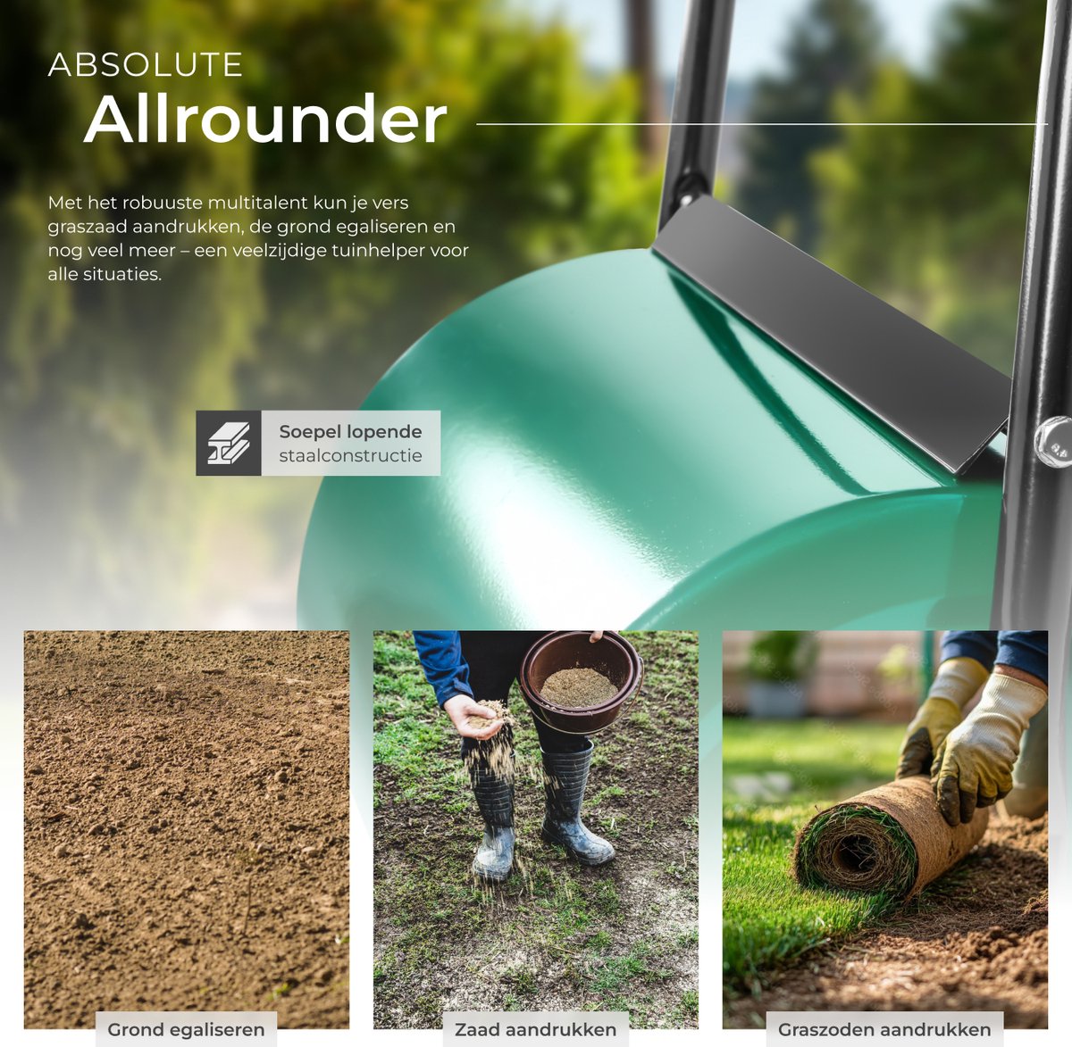 tectake® Gazonwals - 60 cm Breed - Ergonomische Grasroller - Tuinwals